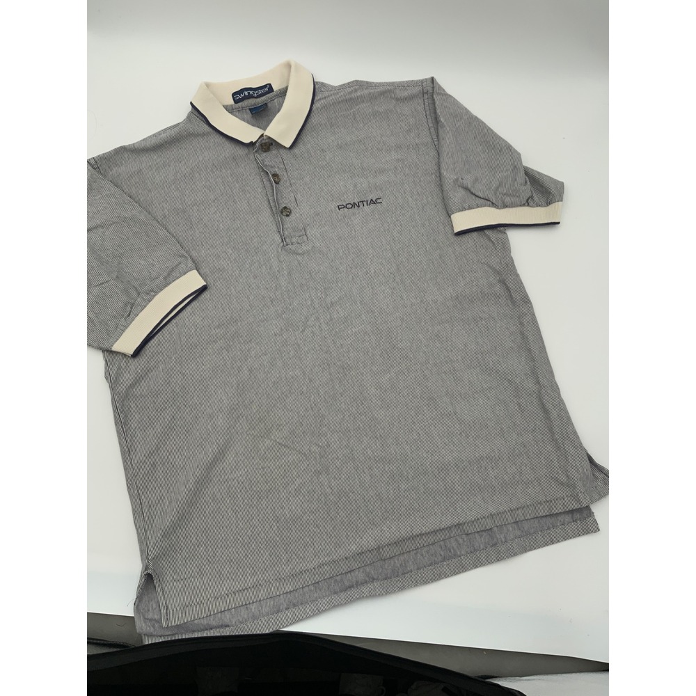 80's Vintage Swingster Pontiac Polo Shirt Mens Blue‎ White Striped Made in USA